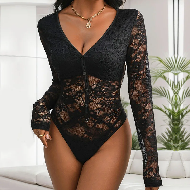 Women Lace Playsuit Long Sleeve Mesh Midnight Button V-Neck Sexy Autumn Hipster Skinny Fitness Stretch Romper 2024