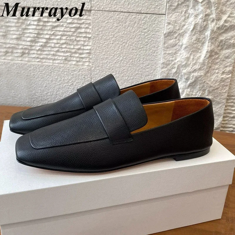 Lazy Loafers Square Toe Deep Mouth Flat Shoes Women Genuine Leather Spring Office Commuting Shoes Driving Shoes Zapatos De Mujer