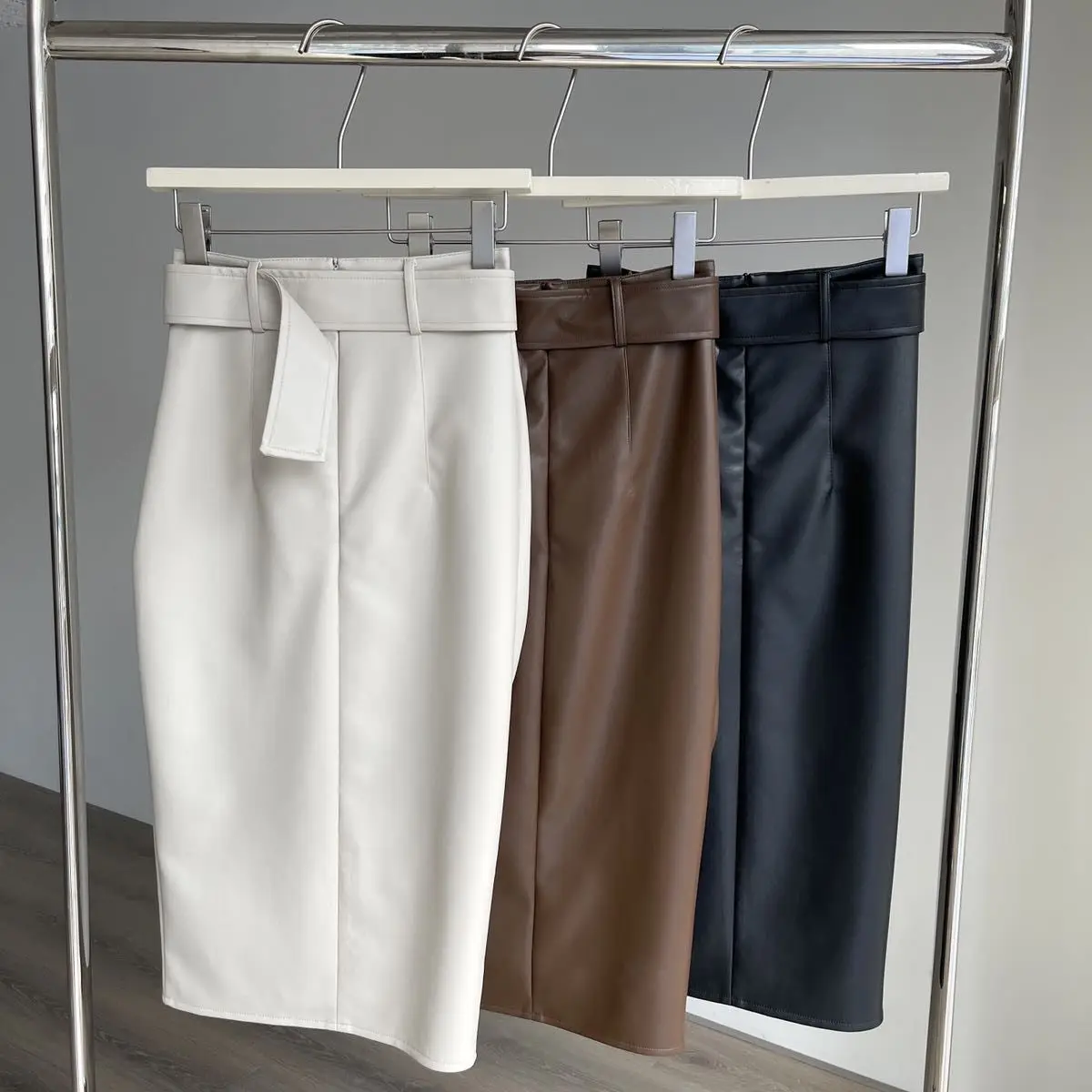 Faux Leather Skirt Women High Waist Wrap Hip Pleated Irregular Belt Solid Mid-calf Skirts Korean Fashion Female Clothes