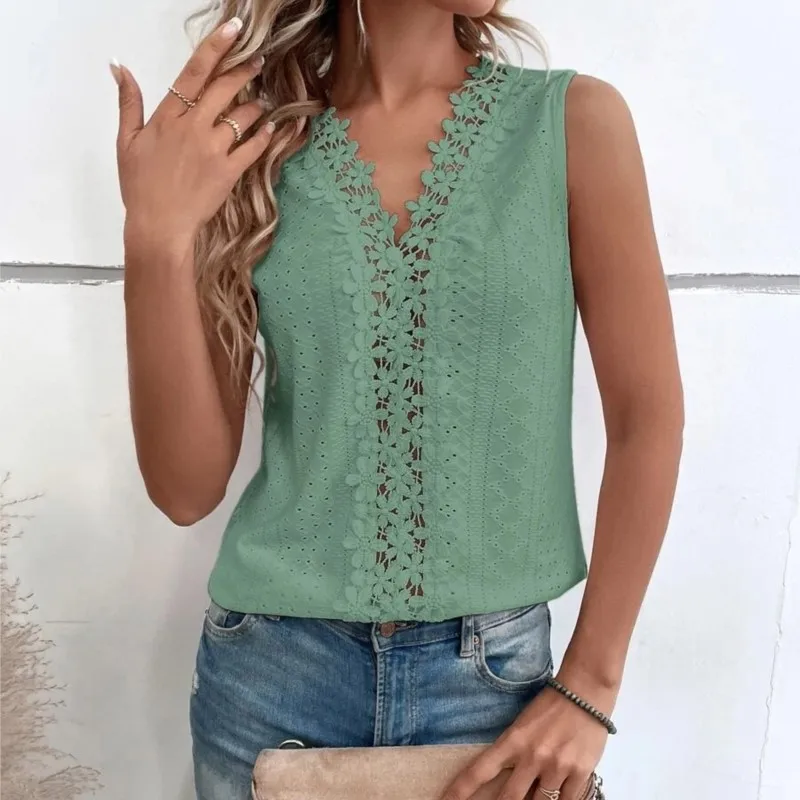 Summer New V-neck Patchwork Hollowed Out Lace Vest Top For Women Elegant Office Lady Sleeveless Solid Color Pullover Shirts