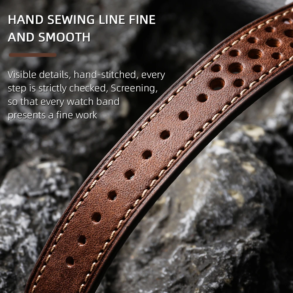 Handmade Head Layer Cowhide Leather Strap Italian Genuine Leather 18 19 20 21 22MM Breathable Hole Design Men Bracelet Vintag