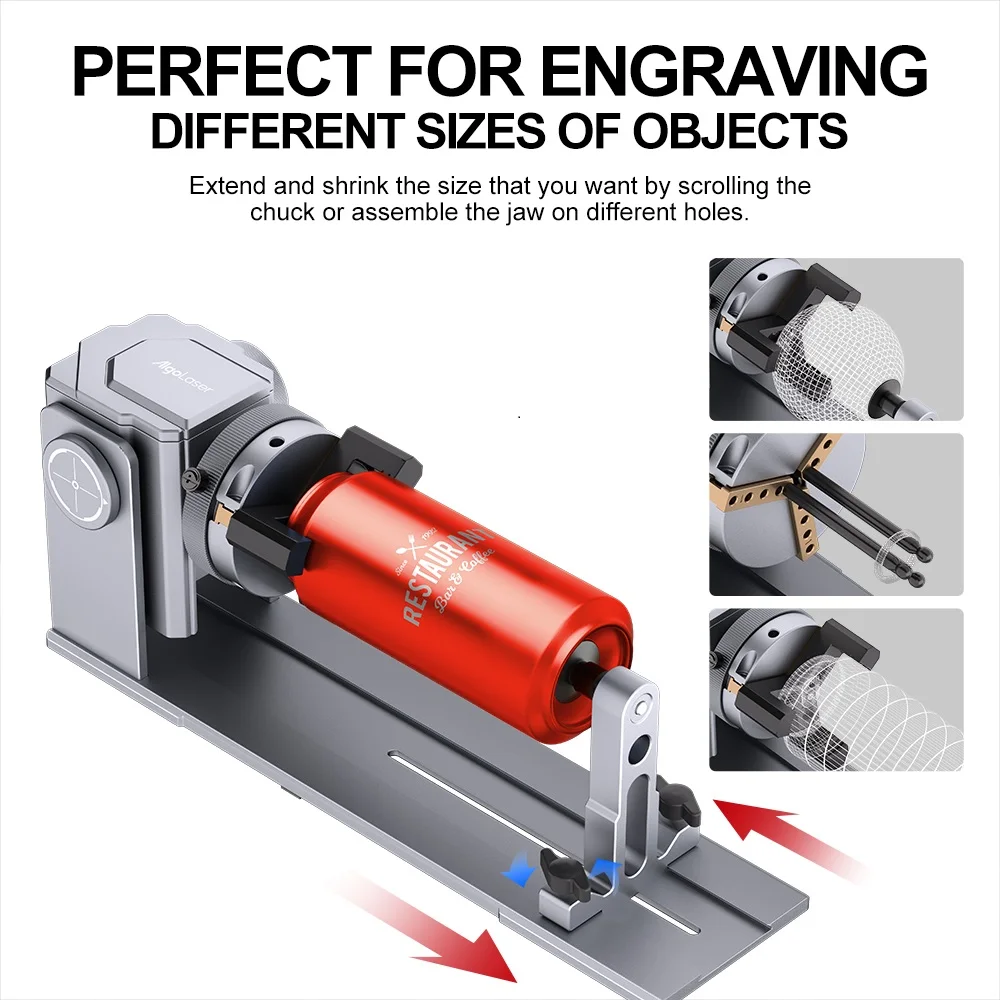 ظرف دوار Algolaser لوحدة دوارة للنقش بالليزر على المحور Y 180 °   زاوية قابلة للتعديل للنقش بالليزر والأشياء غير المنتظمة