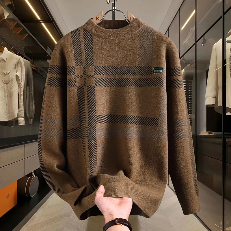 2024 New Autumn Winter High End Mink Cashmere Sweater Men Fashion Slim Fit Pullover Korean Soft Handsome Striped Sweaters Jumper