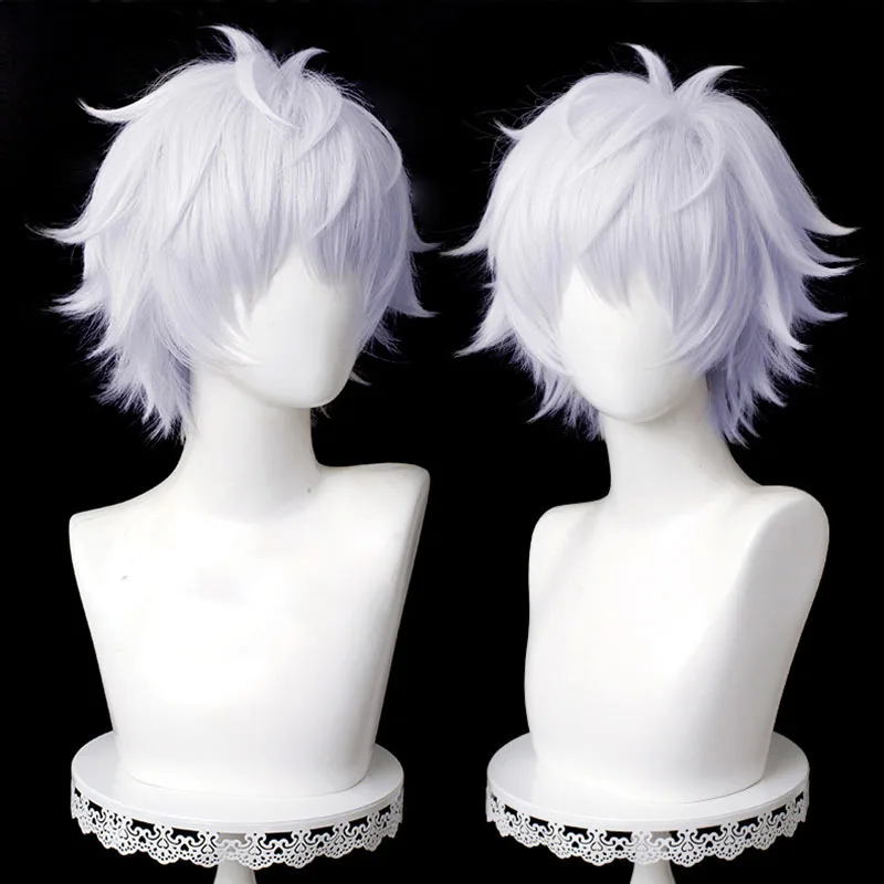 Anime Cosplay Perruques, Gojo Satoru Perruque Courte Couche, Argent, Degré de Chaleur Perruques de Cheveux Synthétiques + Bonnet de Perruque