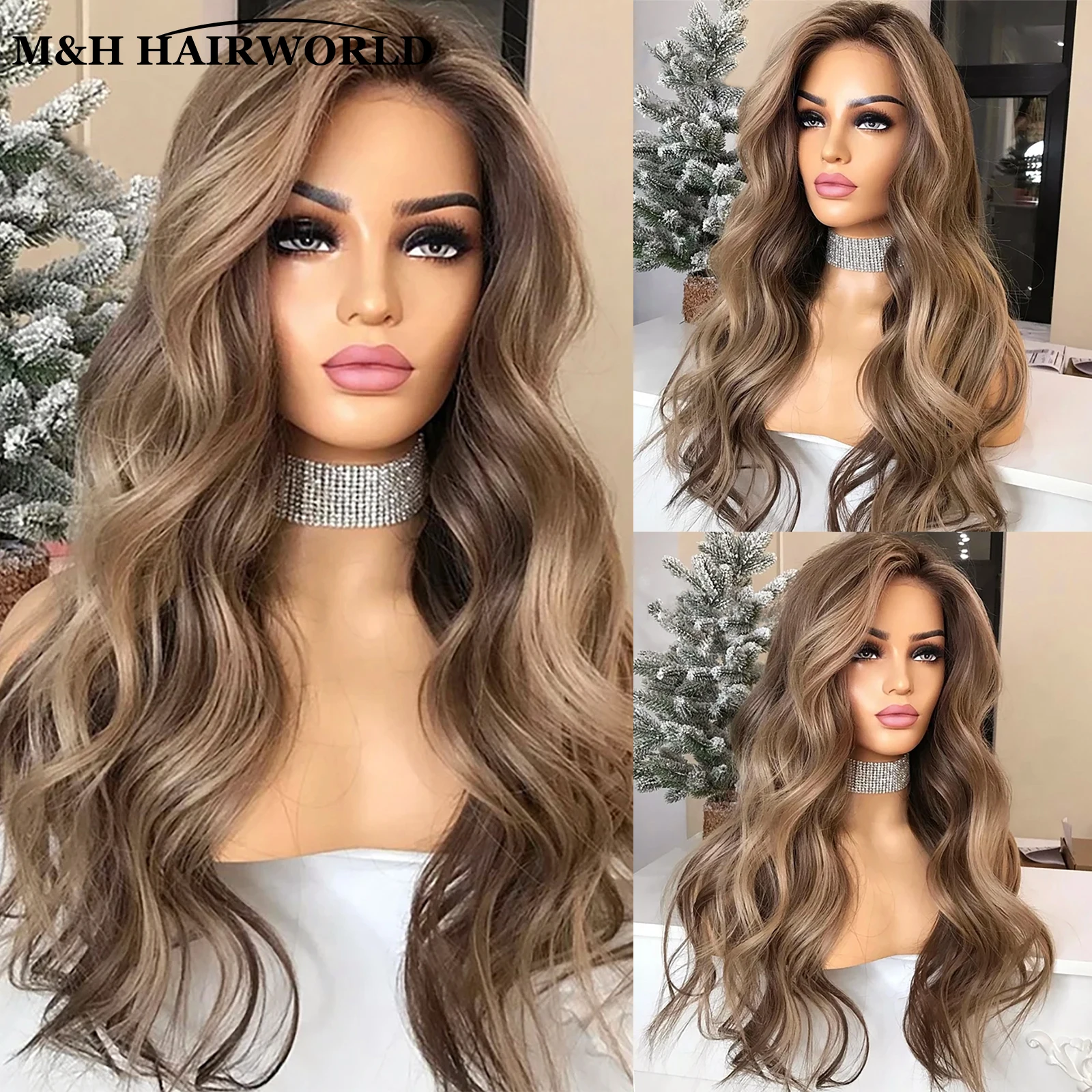 Highlight Ash Brown Blonde Colored Synthetic Lace Front Wigs Long Body Wave Synthetic Hair Wig 13x3 Lace Frontal Wigs For Women