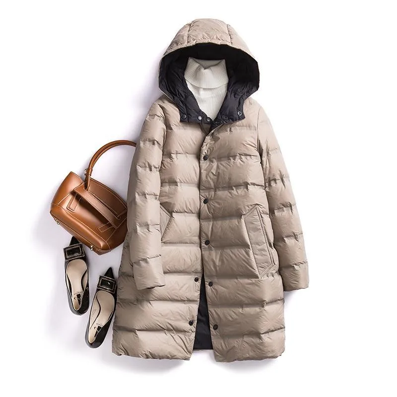 Imagem -02 - Cabolsa Feminino Leve e Fino Pato Branco Cabolsa Longo com Capuz Senhoras Quentes e Magros Puffer Parkas Cabolsas de Inverno Ambos os Lados Desgaste