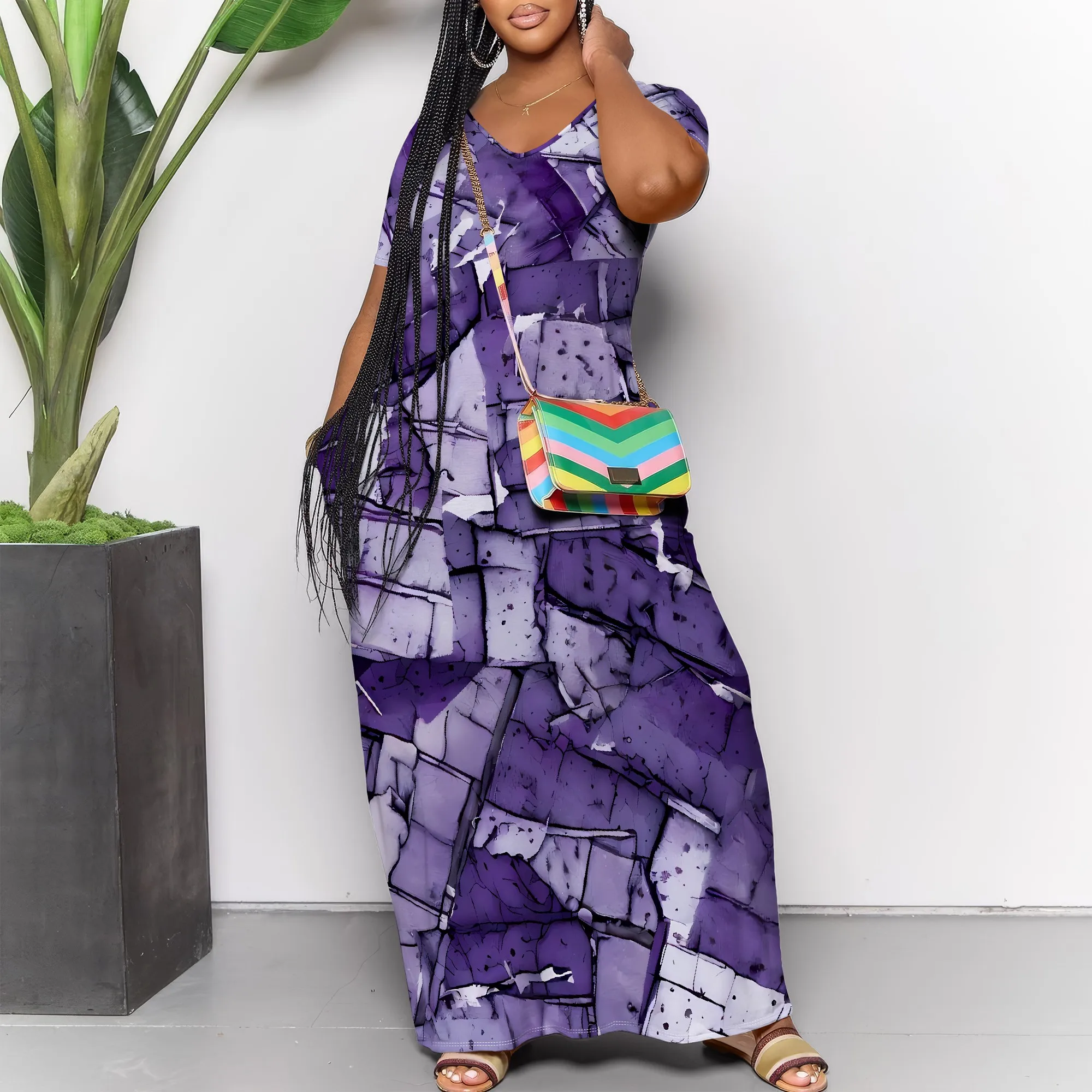 

Nupusa Standard Size Maxi Dress Denim Print V Neck Short Sleeve Dress