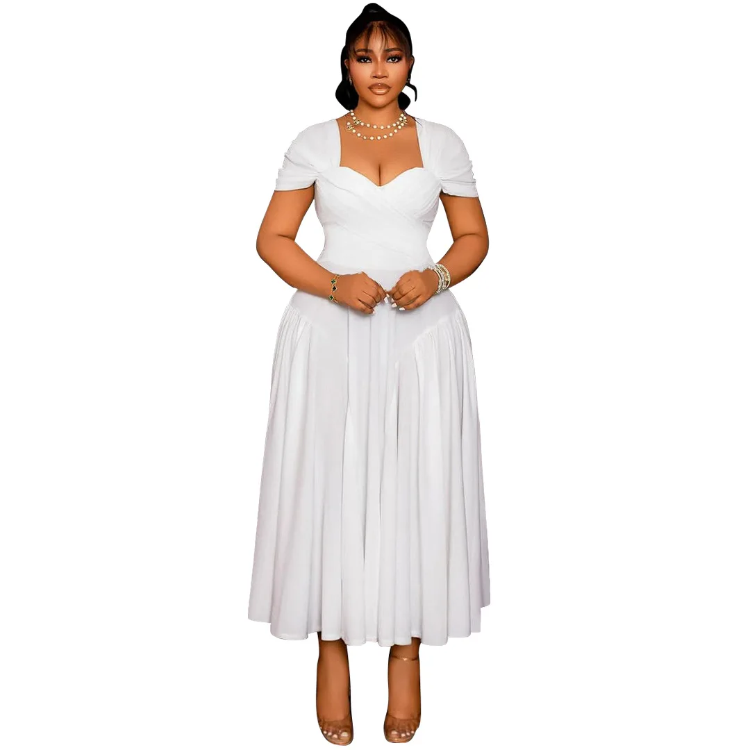 

Plus Size Women Fashion Party Dress Elegant Short Sleeves V Neck Slim Waist A Line Solid Color Pleats Dresses 4XL 5XL