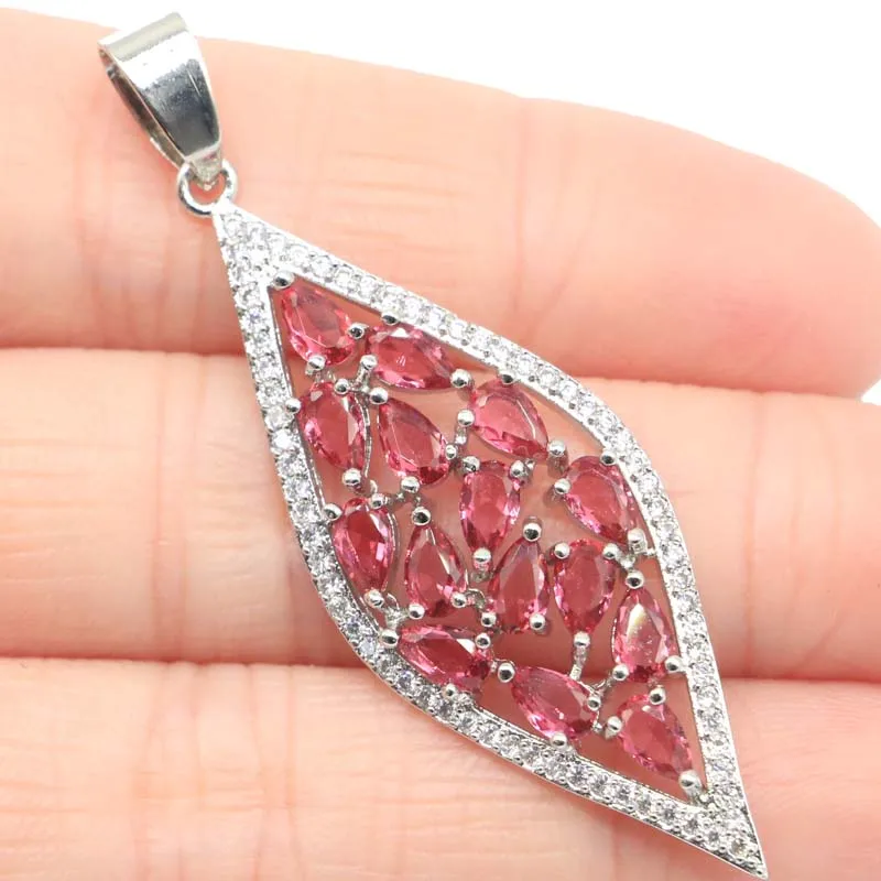 53x17mm Highly Recommend Pink Raspberry Rhodolite Garnet Kunzite White CZ Jewelry For Woman's Silver Pendant