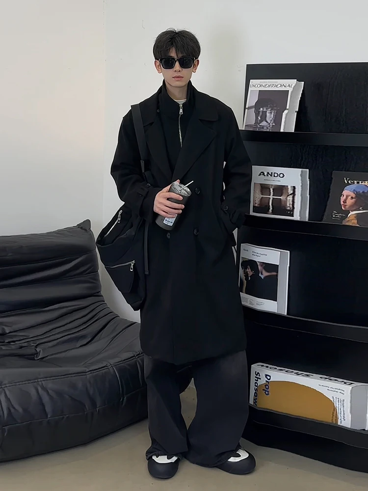 

Bla German Sle Woolen Coat Men Winter Korean Sle Fake Two-Piece Double Row Button Suit Medium-Length Windbreaker