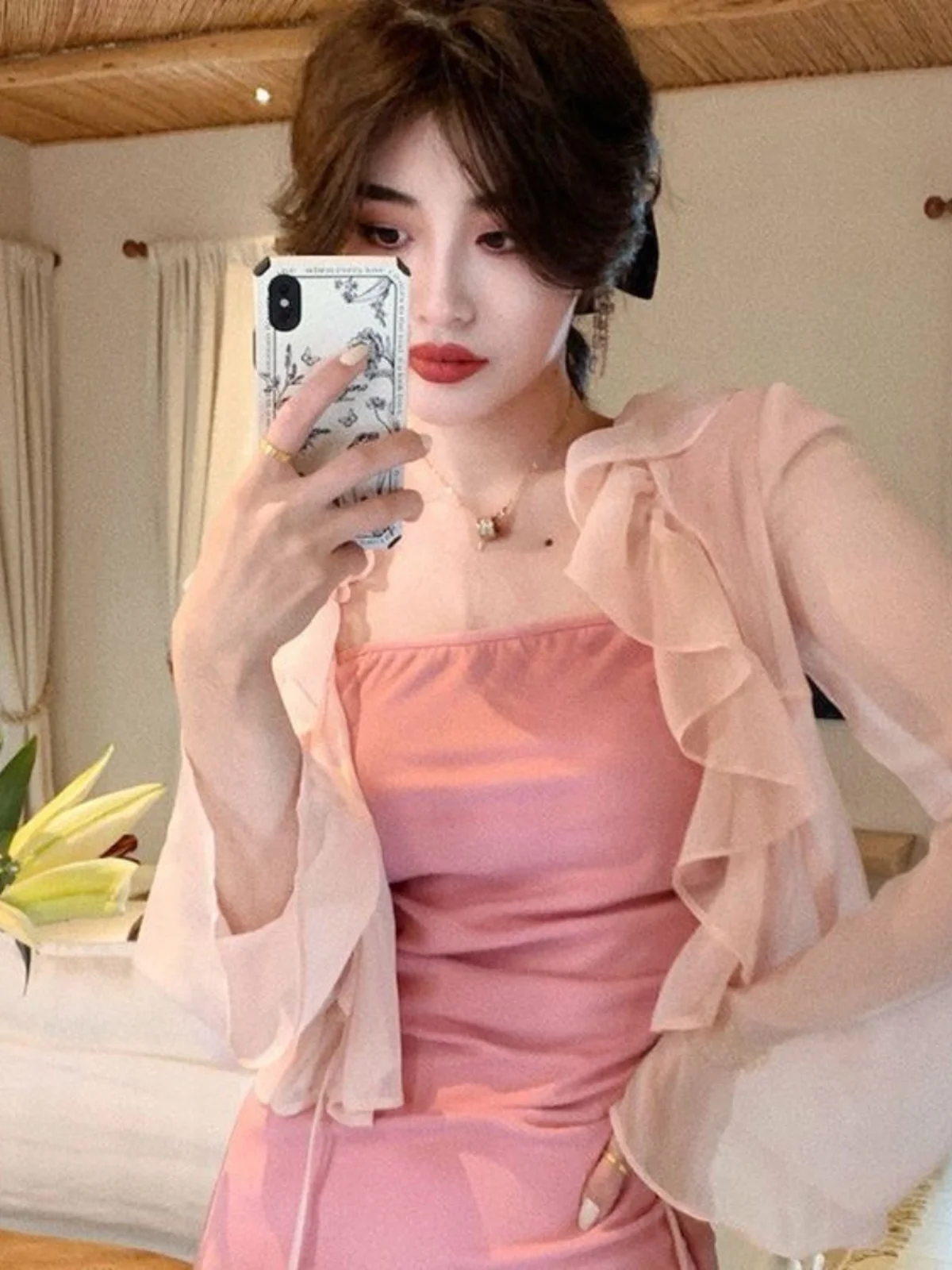 

Fairy Lace Trim Shoulder Shawl Thin Summer Outerwear Sun Protection Sleeveless V-Neck Short Length Korean Style Long Sleeve