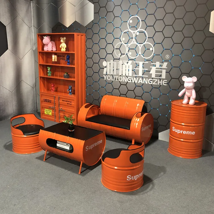 

Bar table and chair combination oil drum sofa ktv wrought iron coffee table clothing store creative industrial style retro card