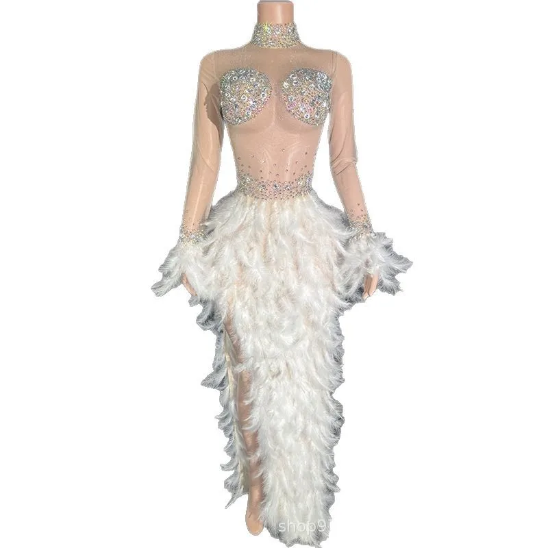 

Высокое чувство белого лебедя, темпераментное платье с талией и перьями, модная одежда для выступлений певицы, платье для ежегодного собрания Abendkleid