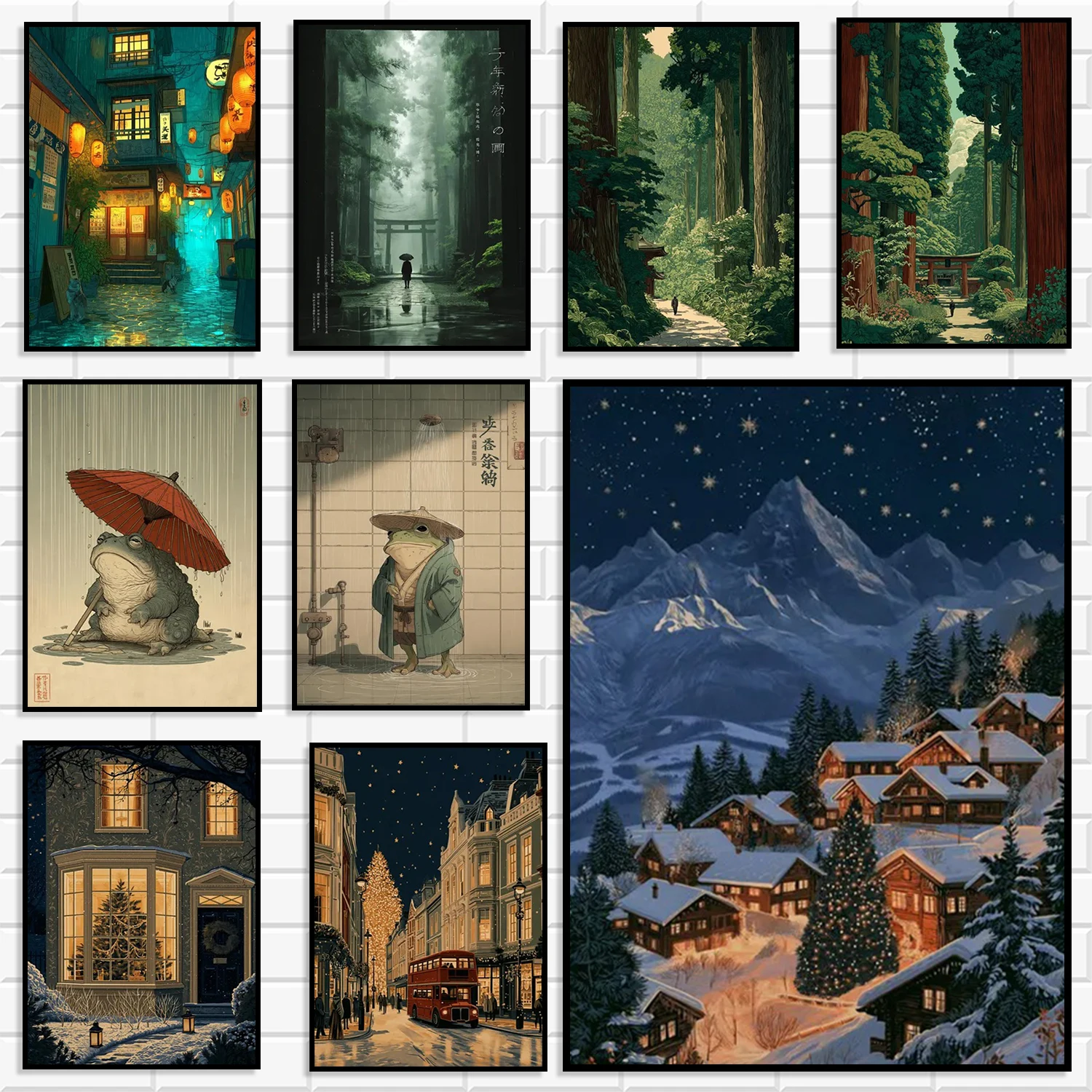 Vintage Fantasy Landscape Wall Art Prints Set Japanese Ukiyo-e Anime Style Forest Frog Snow Town Canvas Posters Home Wall Decor