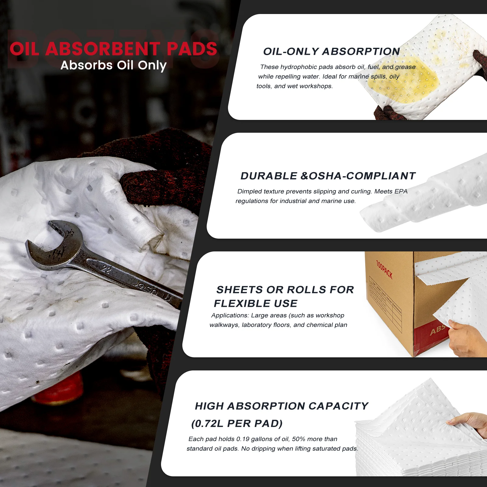 وسادات ماصة للزيت الأبيض من BOZZYS لمحطات الوقود وورش العمل البحرية وطارد المياه الصناعية بسعة 108 لتر 100 قطعة لكل صندوق