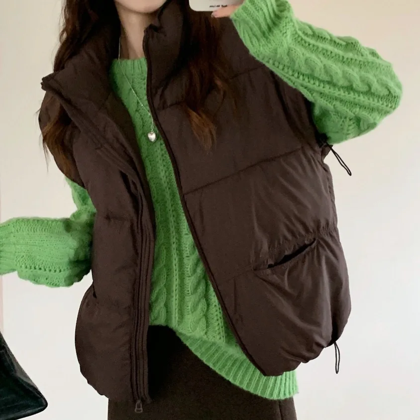 Stand Up Collar Cotton Vest Women's Short Candy Color Women's Sleeveless Vest Korean Version Waistcoat Looose Coat Jacket Women