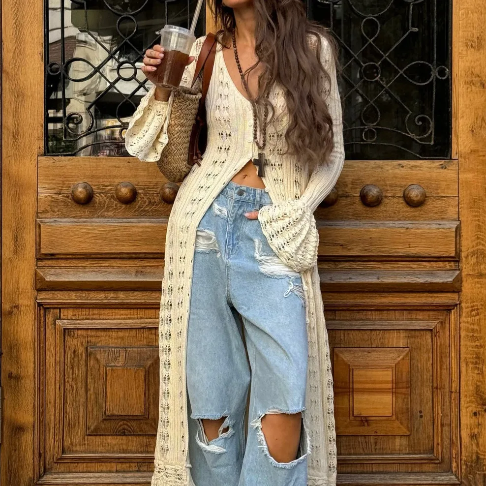 

Женский ажурный кардиган с длинными рукавами, вязаный, с цветочным узором, премиум-класса, осенняя мода, полиэстер