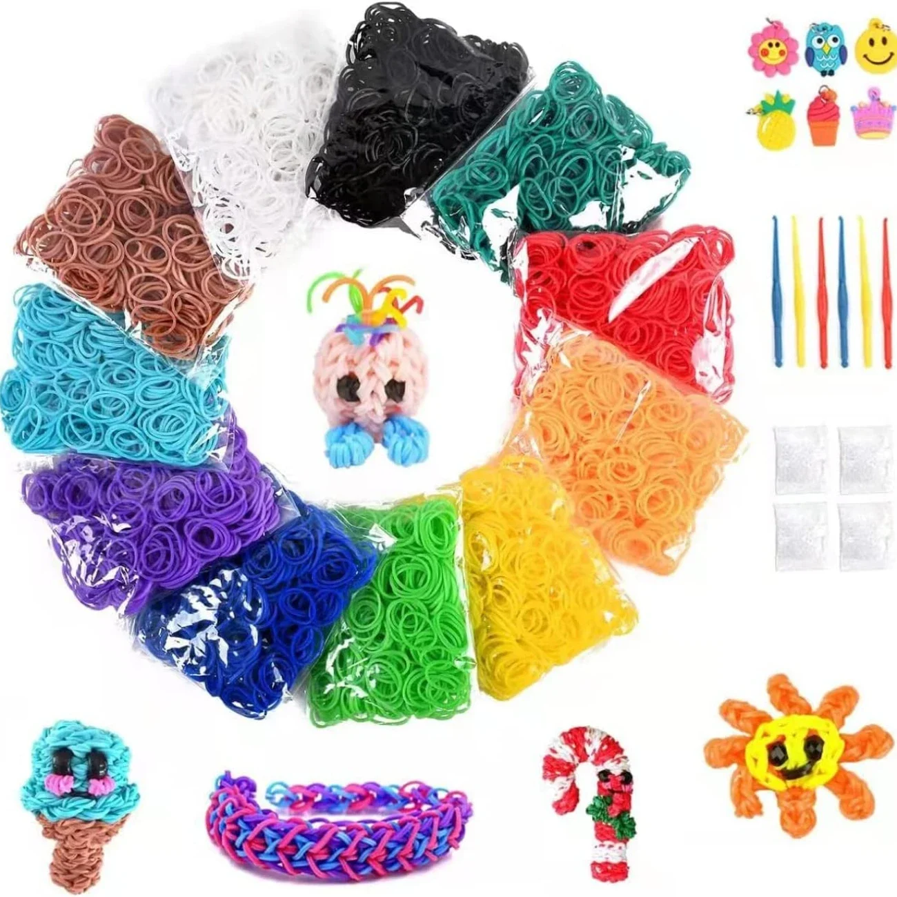 7200+ Bunte Gummibänder, Nachfüllset, hochwertige Loom-Gummibänder in S-Clips, schöne Charms, Häkelnadeln, Loom Board