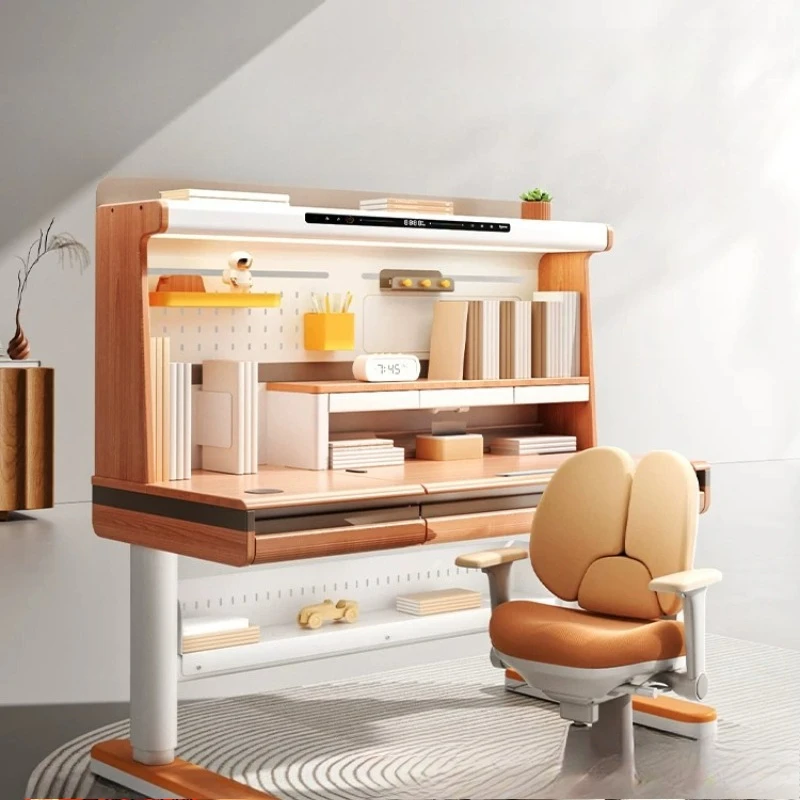 Children's study table Electric lifting desk Primary school students Solid wood table and chair set
