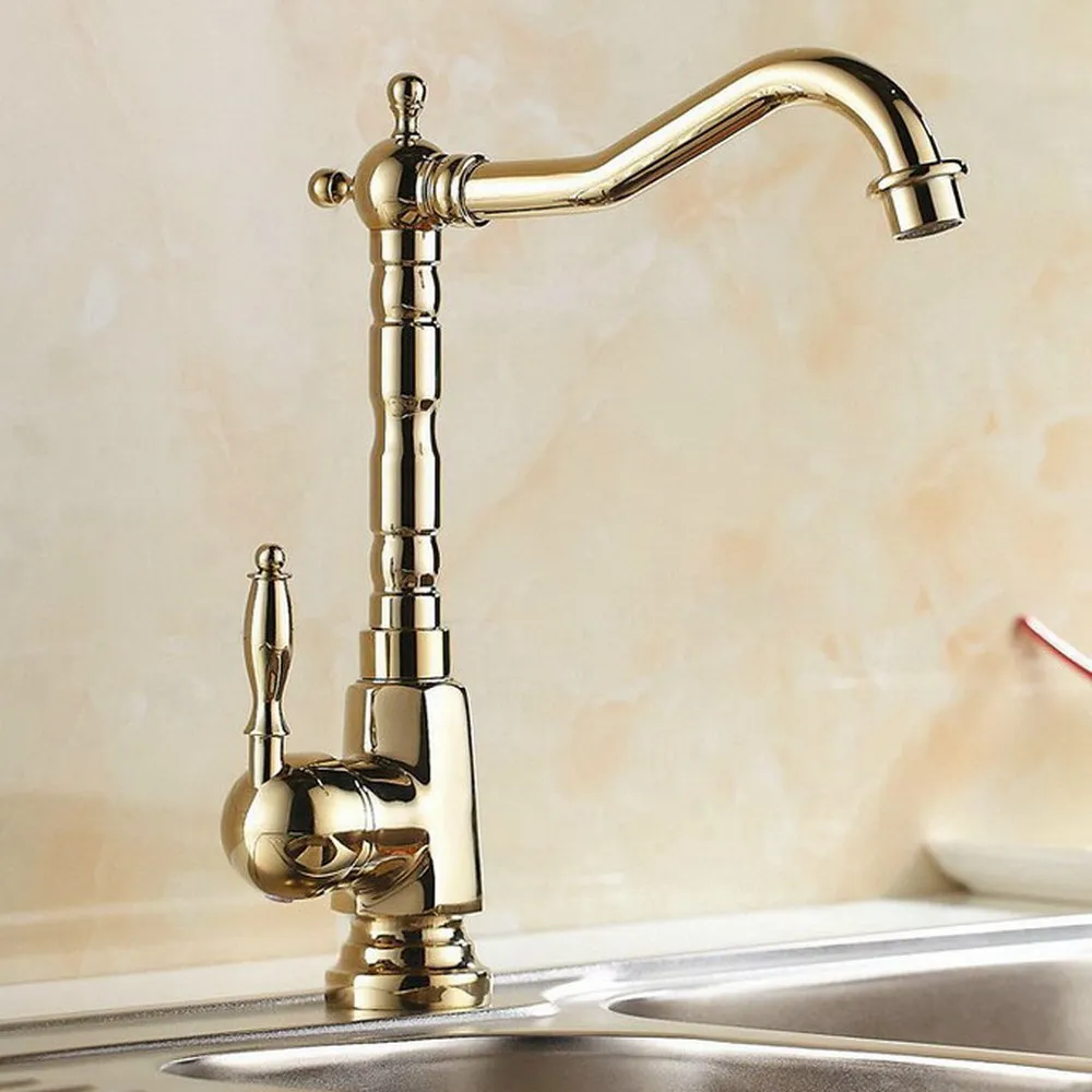 

Polished Gold kitchen faucet single handle single hole kitchen tap 360 degree rotation spout cold and hot water mixer Tap Ngf056