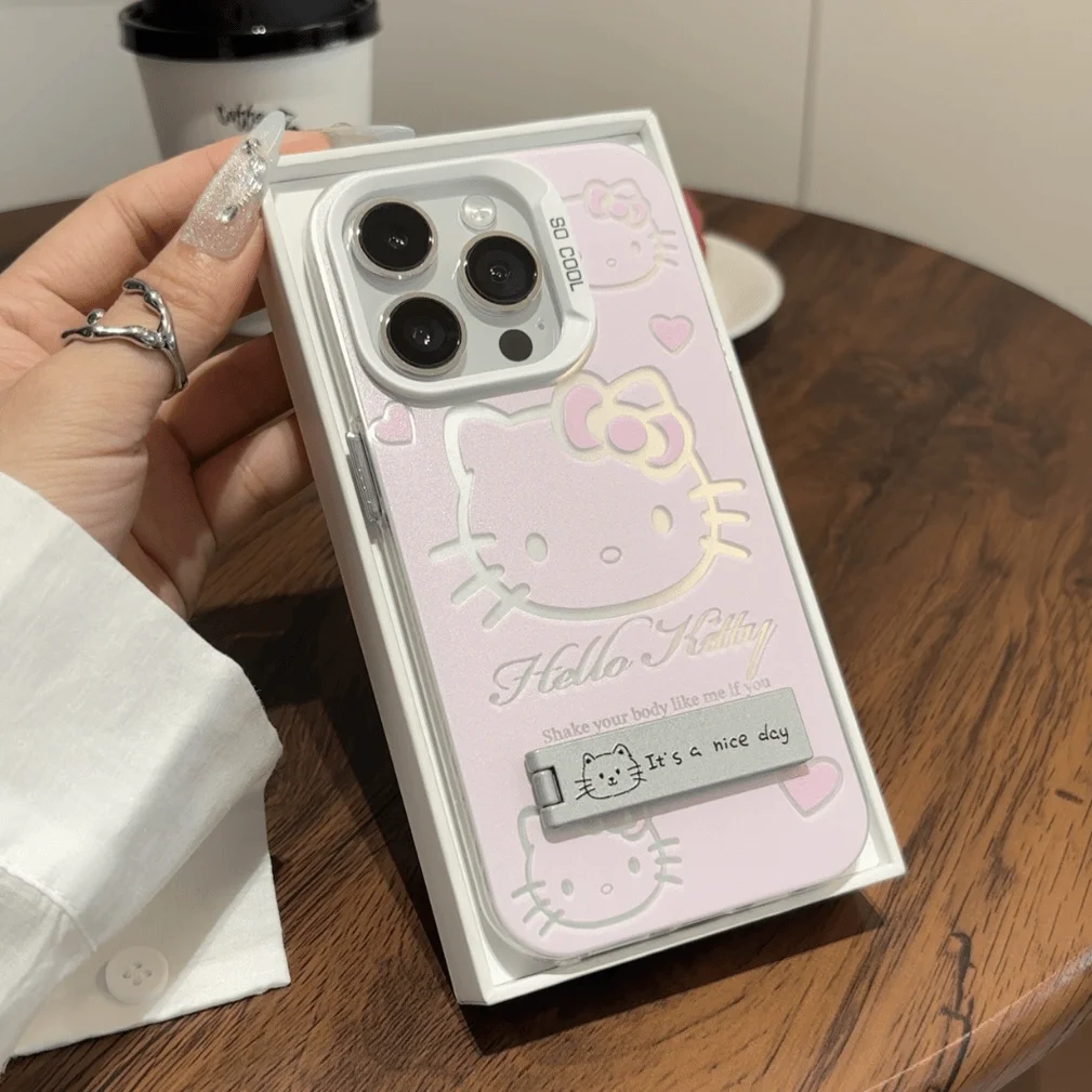 Luxury Pink HelloKitty With Bracket Phone Case For iPhone 17 16 15 14 13 12 11 ProMax XR XS 8 Plus Soft Anti Drop Silicone Cover - náhled 6