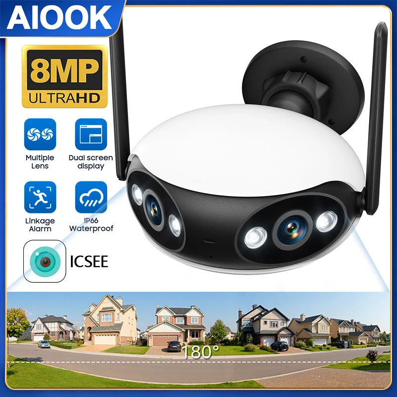 

AIOOK HD 8MP 4K Camera 180° Wide Angle Dual Lens IP CCTV Two-Way Intercom Night Vision Smart Camera Outdoor Waterproof ICSEE