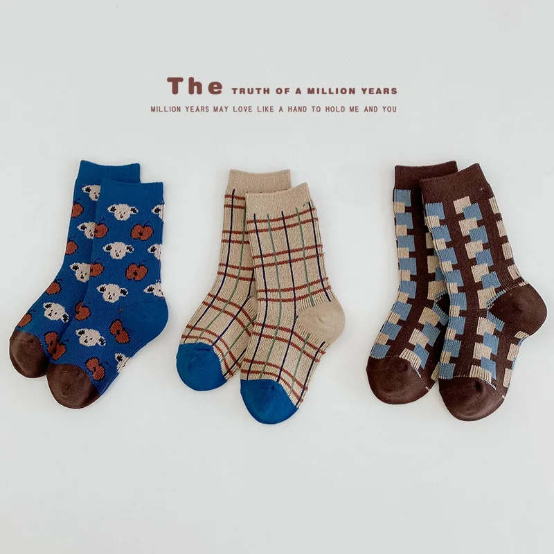 Children Socks Autumn Winter Sock Double Woven Cotton Socks Cartoon Bear Pattern Baby Boys Girls Crew Socks Warm and Cozy