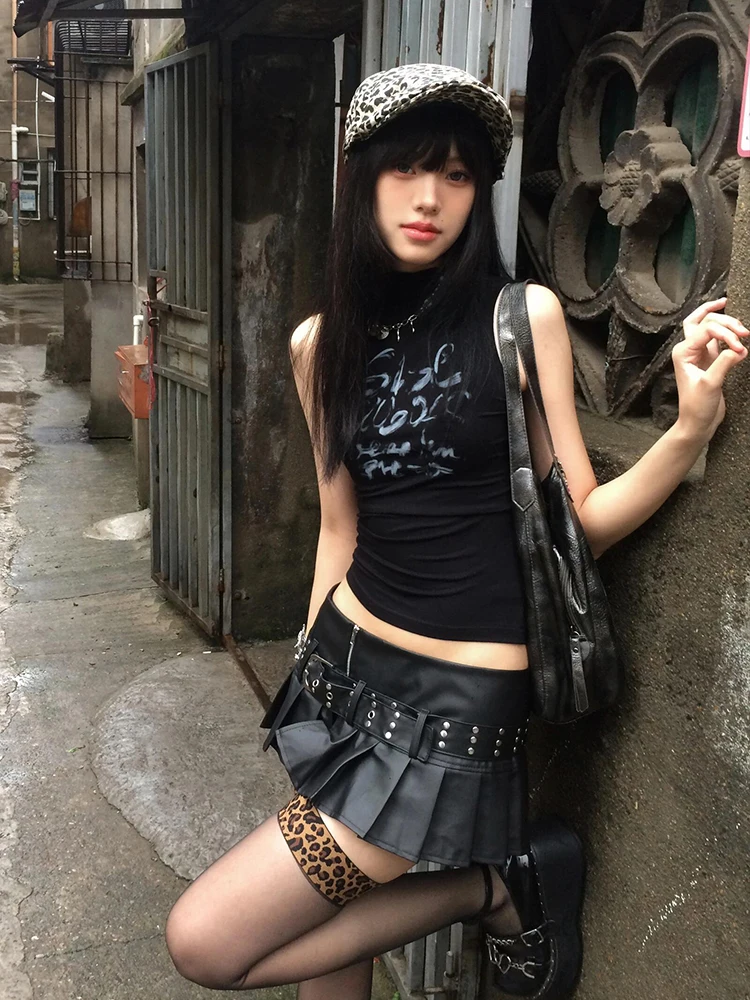 Tonngirls Y2k Vintage Tank Topsผู้หญิงแขนกุดพิมพ์กราฟิกเสื้อStreetwear 2000Sญี่ปุ่นสีดําGrunge Tops E-สาวฤดูร้อน