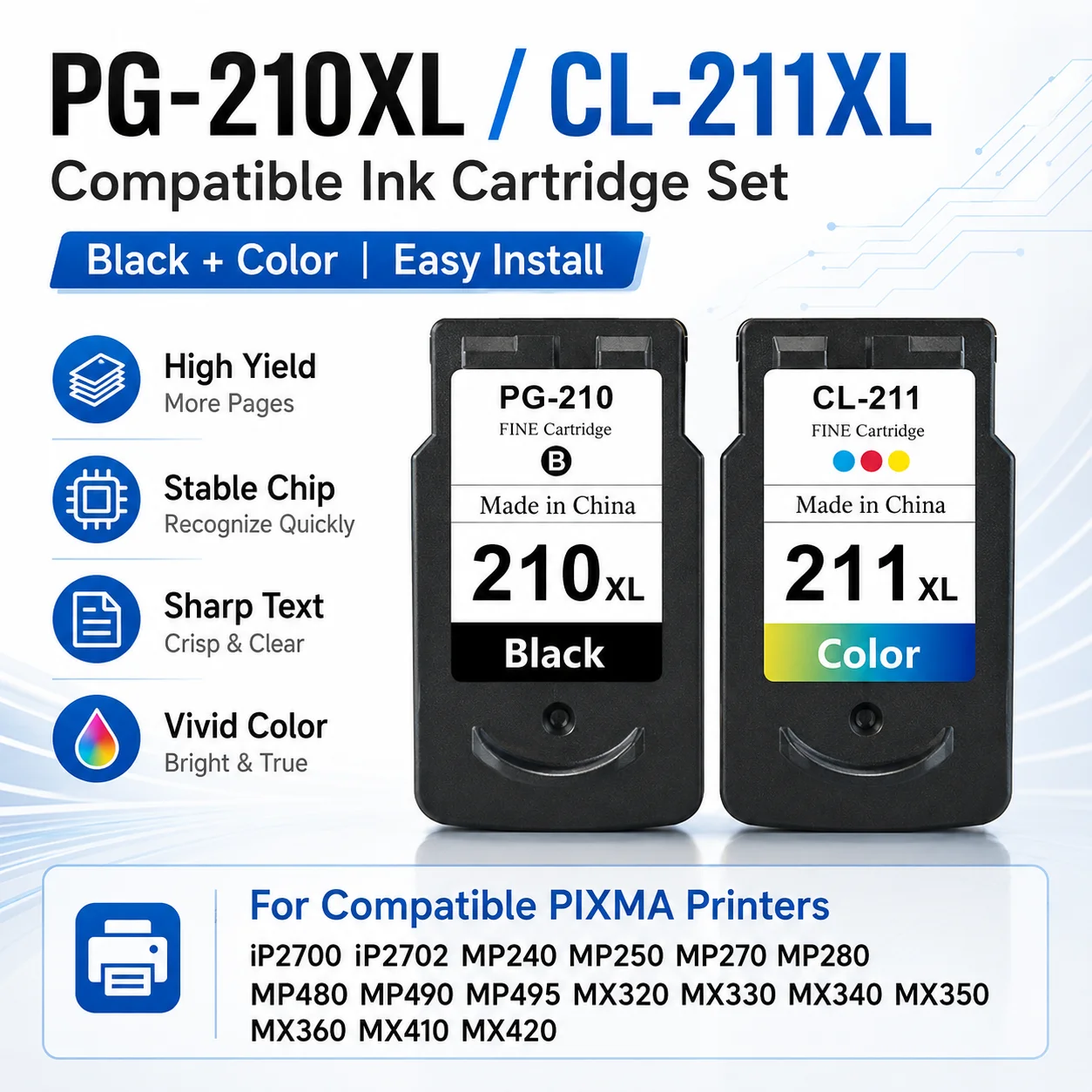 Набор совместимых чернильных картриджей PG-210XL CL-211XL для Canon PIXMA iP2700 MP240 MP280 MX410, черный цвет