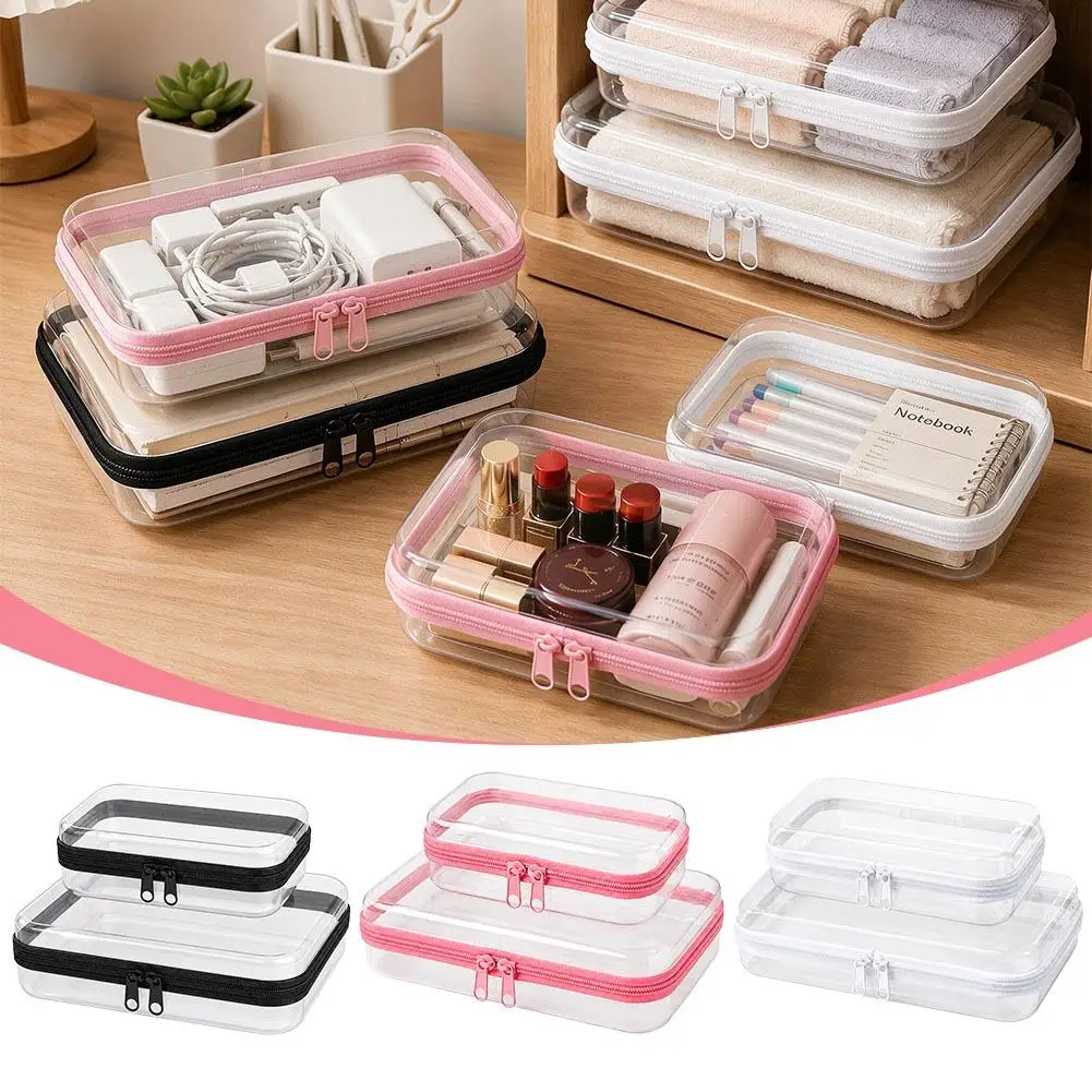 2pcs Home Organize Box Transparent Cosmetics Storage Bag Baby Toy Organize Box Waterproof Plastic Zippered Pouch Travel Case Bag