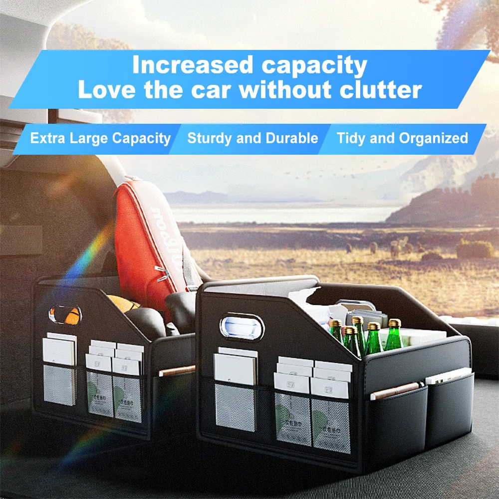 Car Trunk Organizer Storage Box PU Leather Vehicle Folding Collapsible Cargo Boot Organiser Box For SUV MPV Auto Seat Back Box