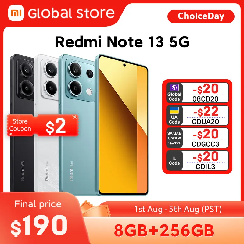 

Global Version Xiaomi Redmi Note 13 5G Smartphone 8GB RAM 256GB ROM MediaTek Dimensity 6080 108MP Camera 120Hz NFC