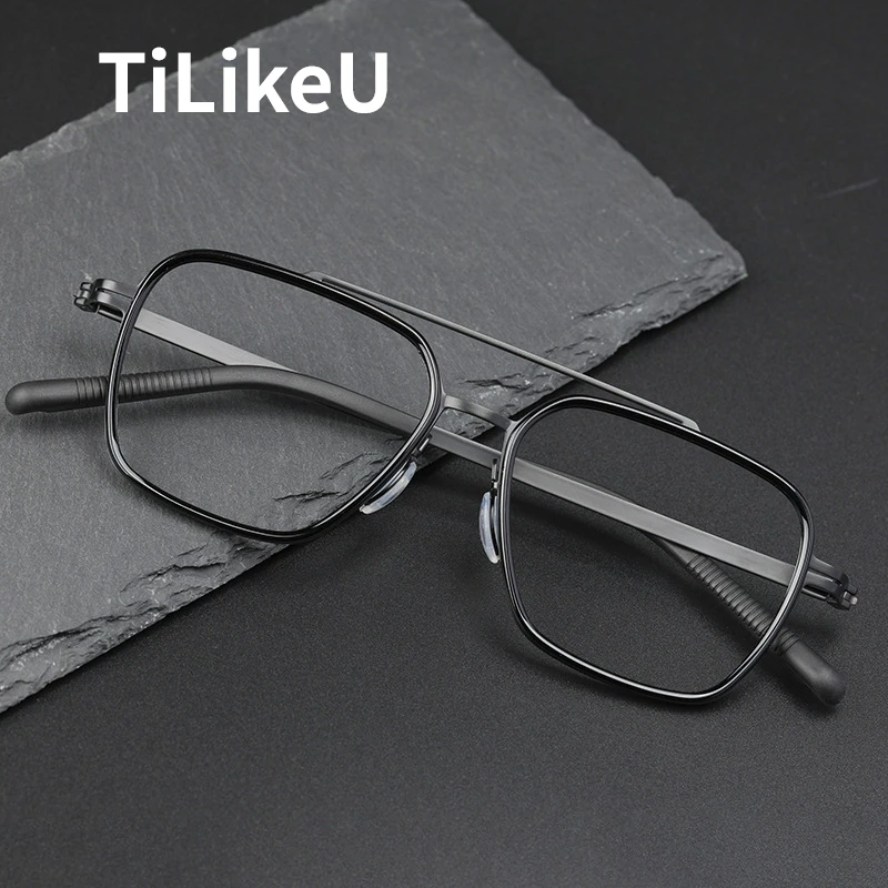 

Denmark Brand Double Beam Design Ultra-light Pure Titanium Glasses Frame Men Retro Square Big Face Prescription Eyeglasses Gafas