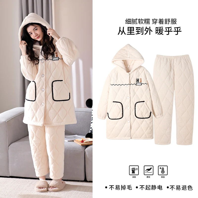 

Winter Mid-length Mink Cashmere Pajamas Women Thickening Solid Home Clothes Hooded Leisure Wear