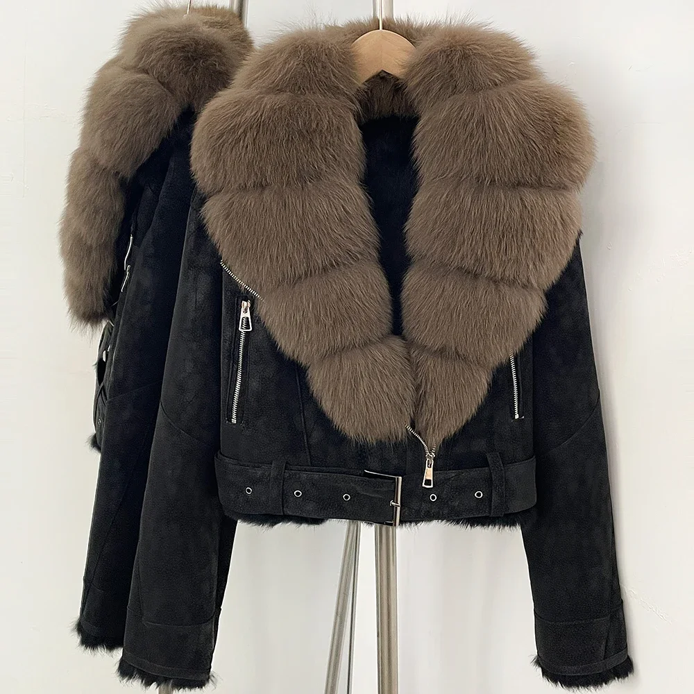 OFTBUY Luxus-Gürtel Natürlicher Kaninchenfellmantel Damen Kurze Wildlederjacke mit Echtfuchs-Fellkragen Neue Herbst-Warmbekleidung für Frauen – Detail 17