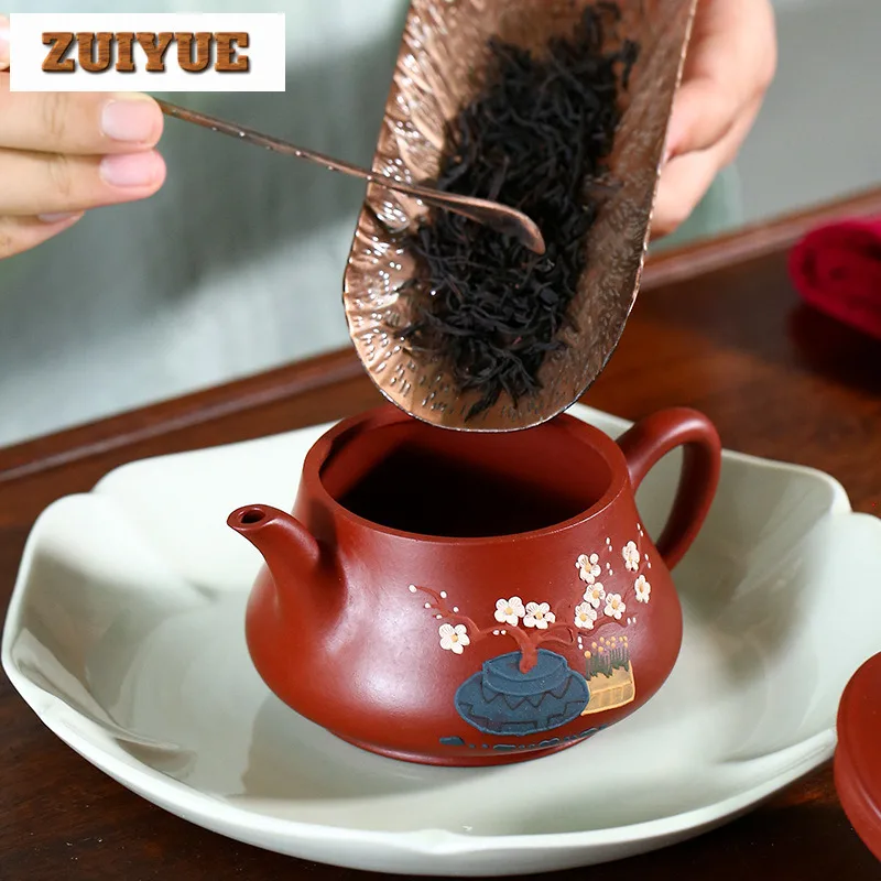 210ml Yixing Purple Clay Teapot Handmade Clay Painting Plum Blossom Pot Raw Ore Dahongpao Mud Making Kettle Strainer Zisha Tea