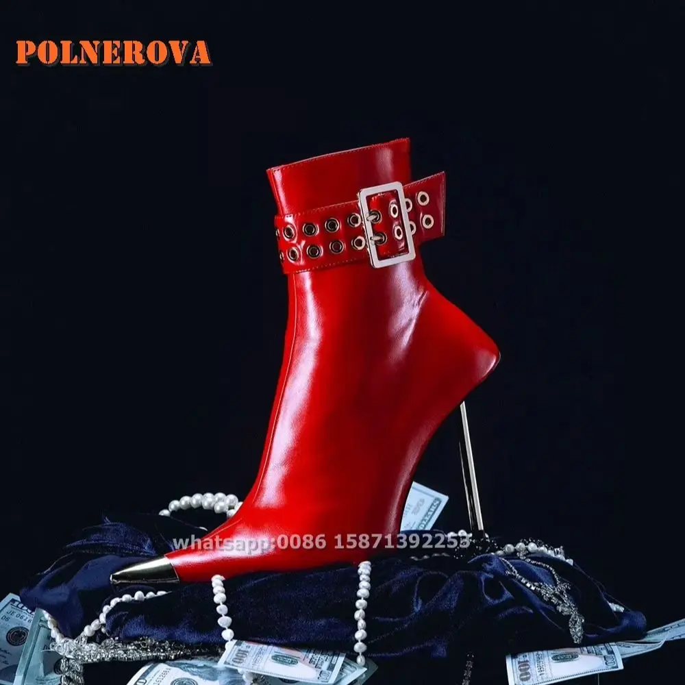 Bota de metal con puntera y hebilla de cinturón, botines rojos con punta en pico, tacón de aguja de metal, cierre de cremallera sólido, bota moderna y sexy hecha en elegante