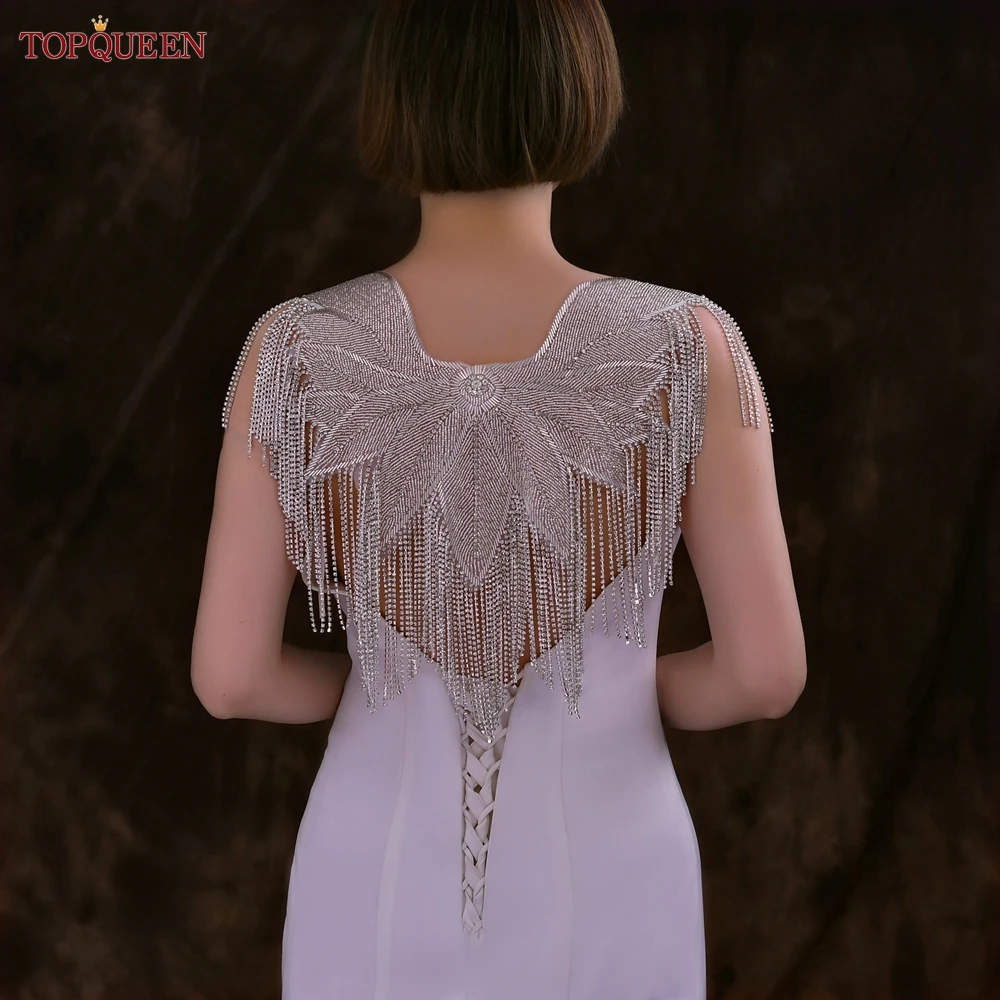 TOPQUEEN Rhinestone Neckline Tassel Applique Wedding Shawl Jacket Dress Decoration Accessorie Bridal Shrug  Bolero SP59