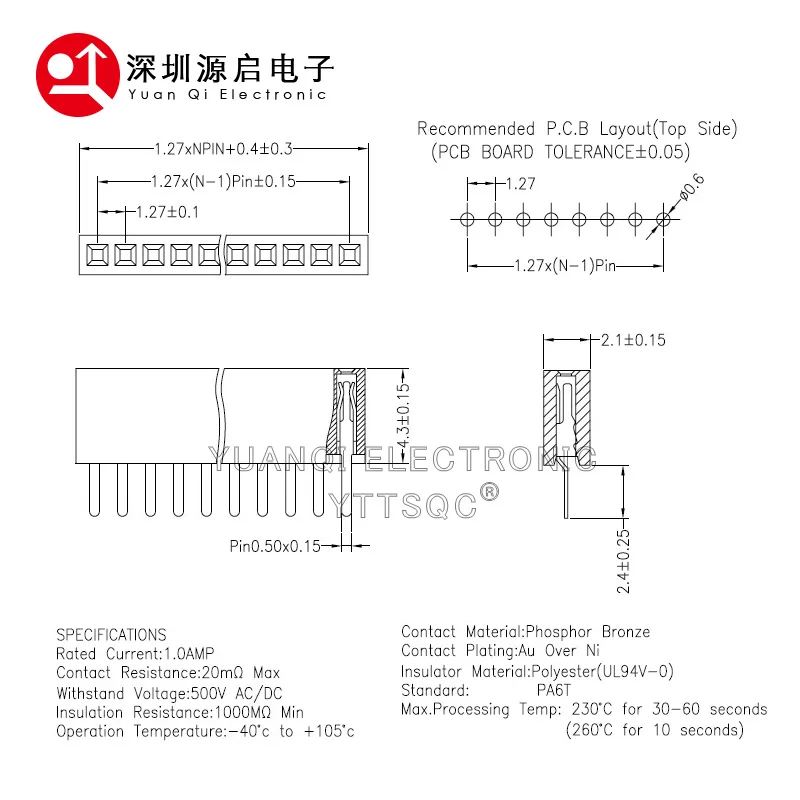 1.27mm 1.27 Pin Header Single Row Female Breakaway PCB Board Connector Pinheader 1*3/4/5/6/8/10/12-40p Plastic height 4.3mm