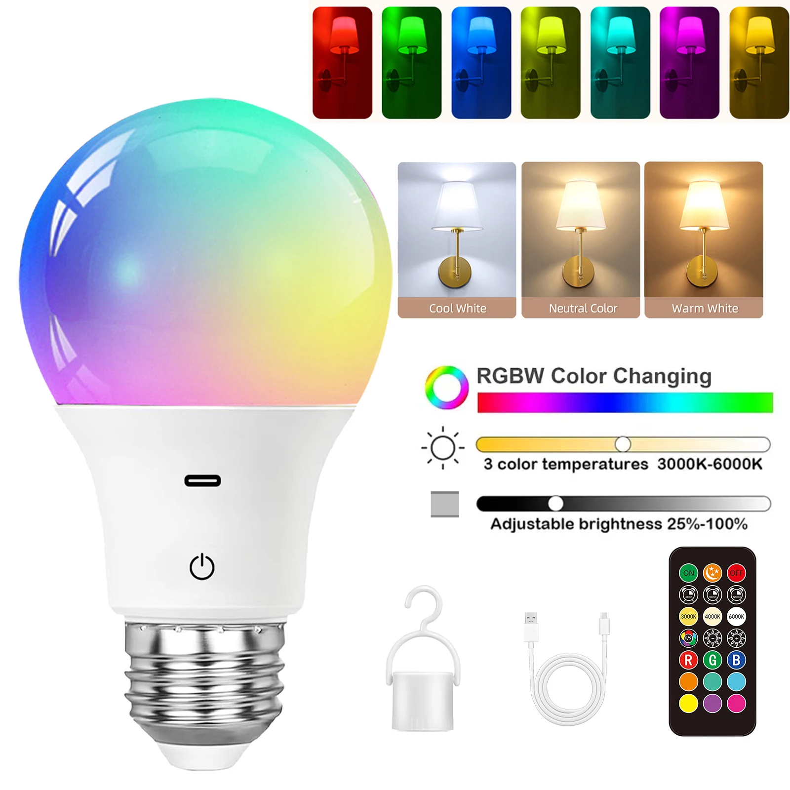 

Rechargeable LED Light Bulb with Remote, 9 different RGB lights+Dimmable Battery Powered, Emergency Bulb for Lamps/Camping