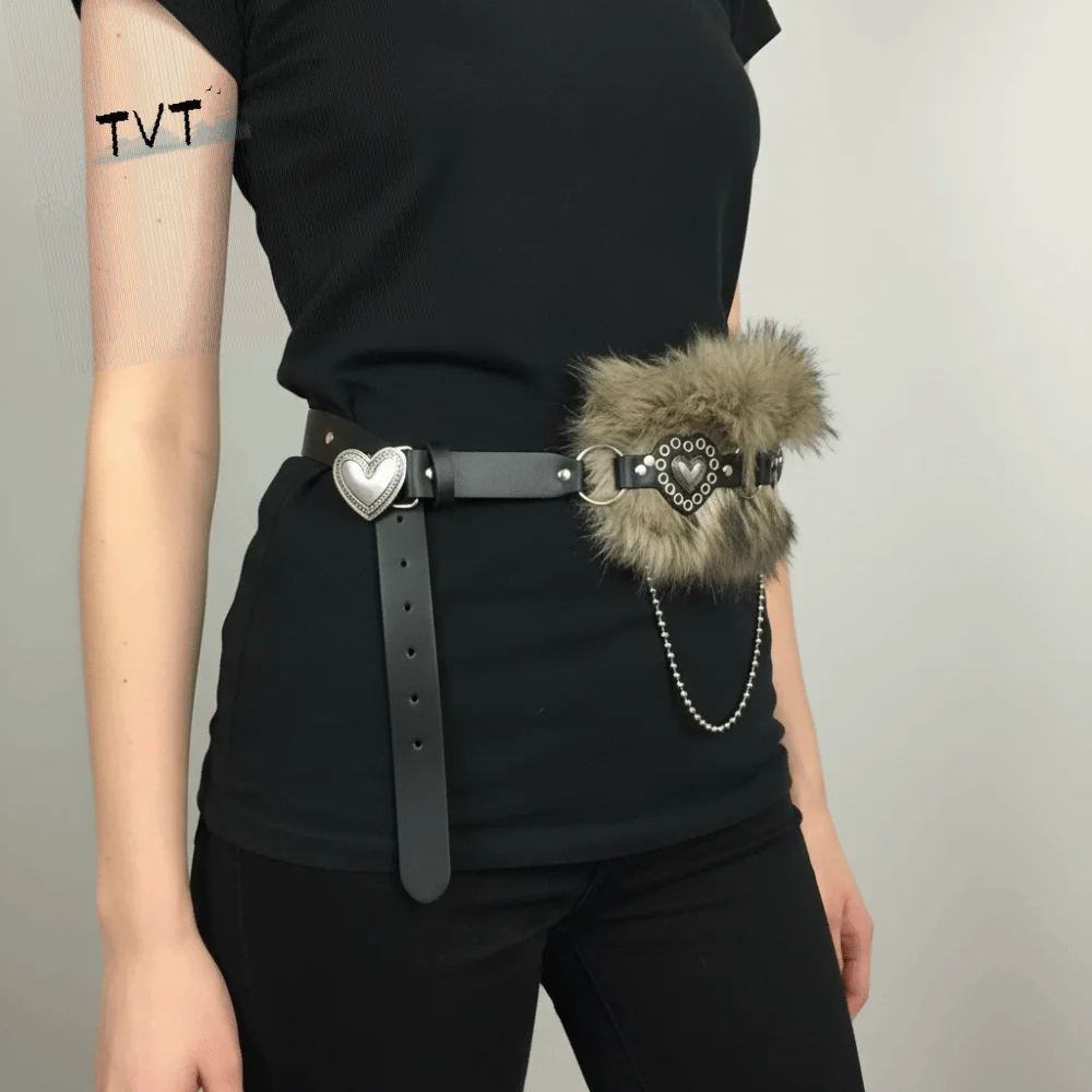 

Модный лоскутный кожаный меховой ремень в форме сердца из искусственной кожи, плюшевый ремень в пряном стиле для девочек, универсальный пояс из искусственного меха Y2K на каждый день