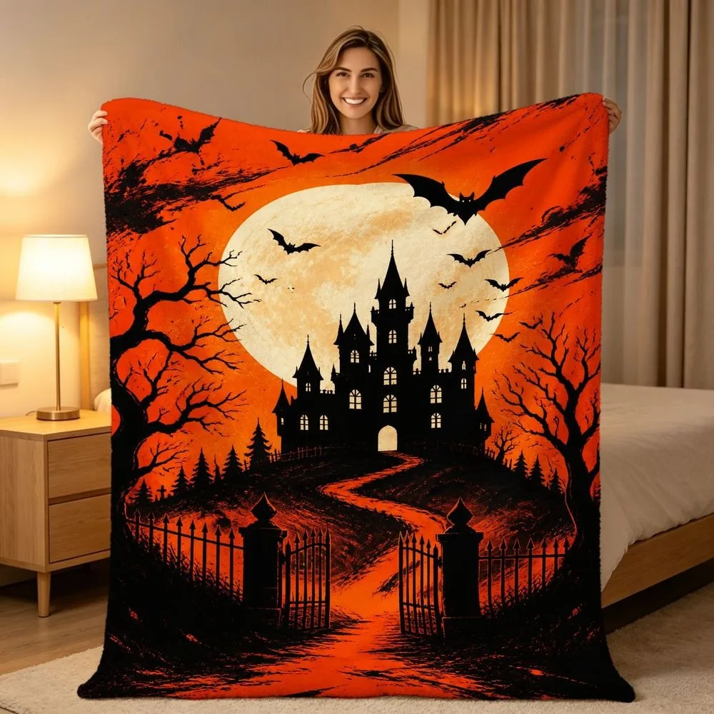 Gothic Halloween Scary Castle Print Throw Blanket Eerie Orange Night Moon Bare Bat Pattern Soft Warm Sofa Bed Blanket All Season