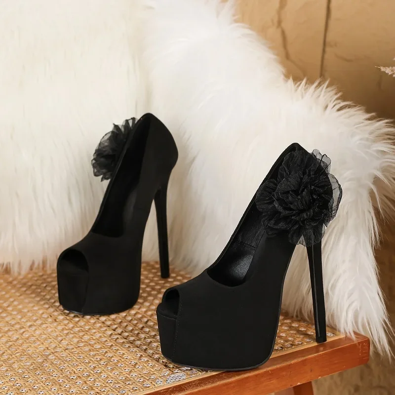 

Aneikeh Elegant Big Flower Decoration Exposed Toe Platform Shallow Mouth 16cm Sexy Super High Heels Fashion Wedding Pumps Shoes