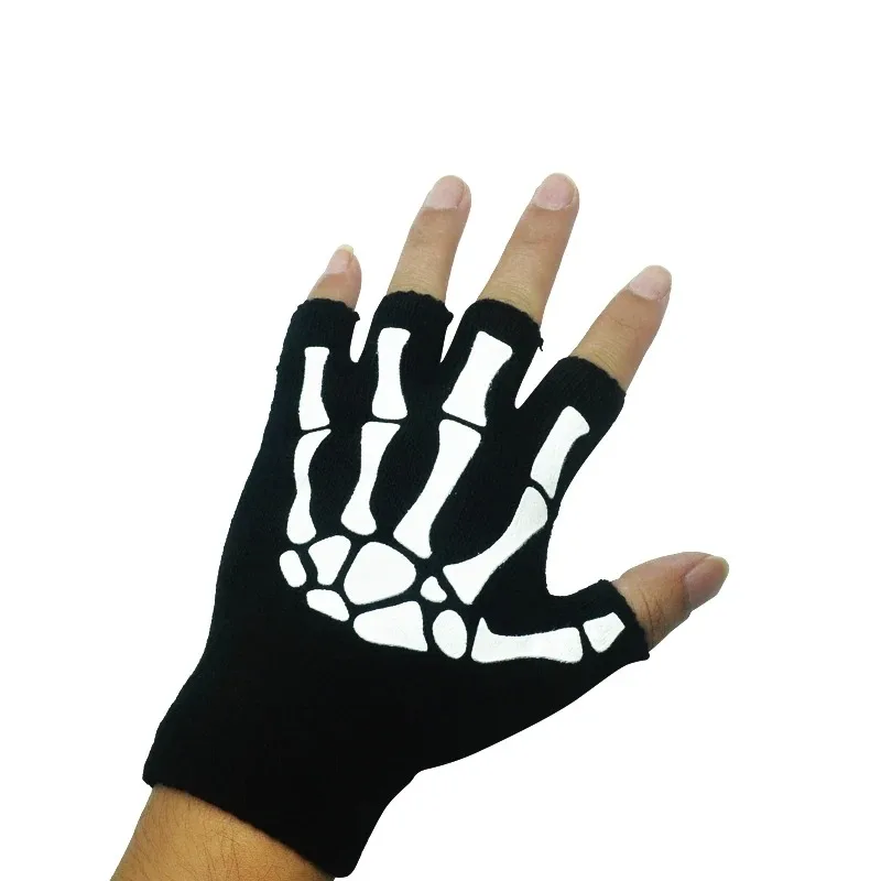 New Punk Gloves Unisex Halloween Skeleton Skull Half Finger Gloves Glow In The Dark Fingerless Stretch Knitted Winter Mittens