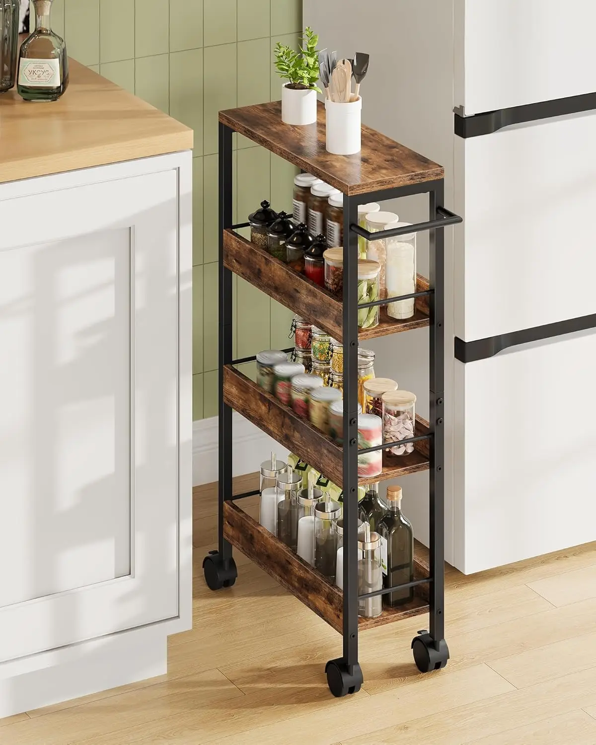 

Узкая 4-уровневая тележка на колесиках с ручкой и защитными перилами, в деревенском стиле, коричнево-черная, для кухни, столовой, небольших помещений