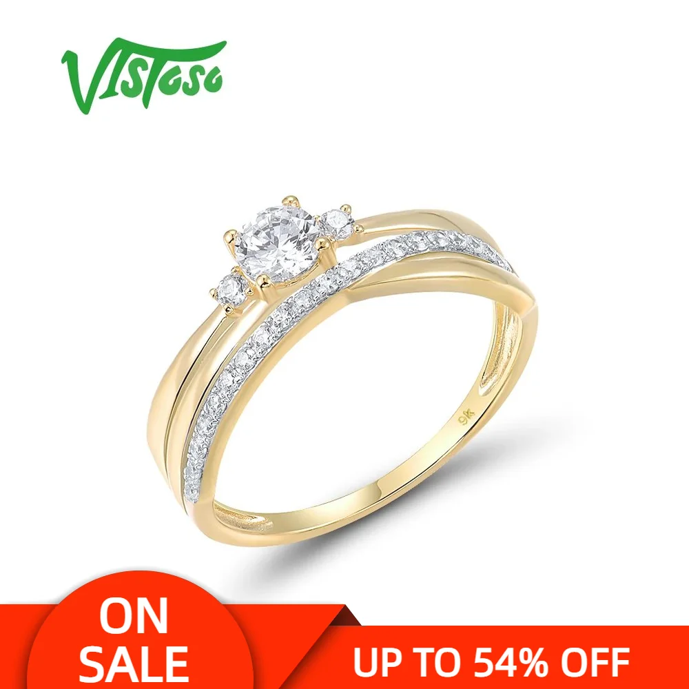 VISTOSO Gold Rings For Women Genuine 9K 375 Yellow Gold Ring Sparkling White CZ Promise Band Rings  Anniversary Fine Jewelry