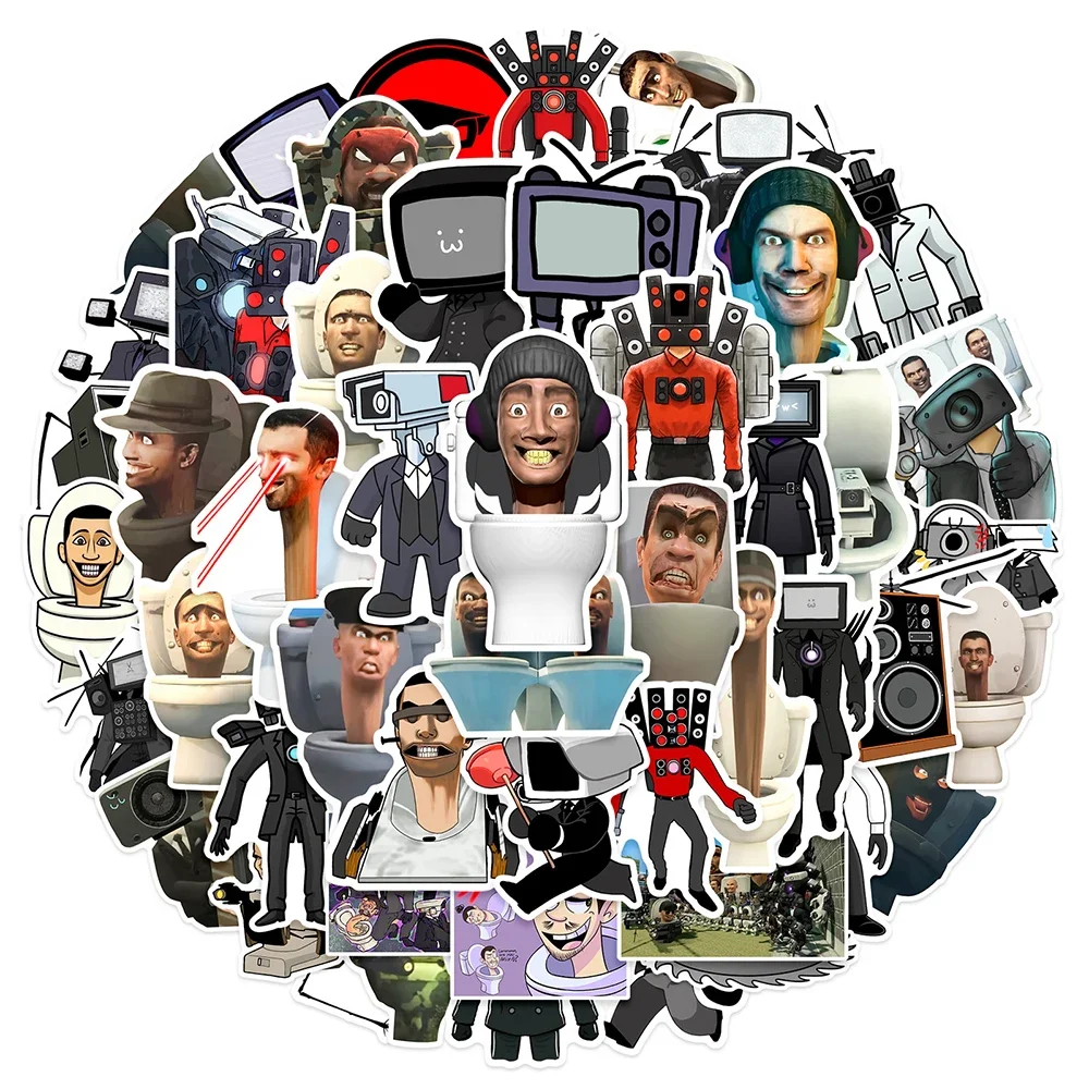 50 قطعة Skibidi المرحاض الكرتون لعبة ملصقات الشارات للهاتف المحمول المحمول الدراجة حقيبة بولي كلوريد الفينيل مقاوم للماء الاطفال ملصق اللعب