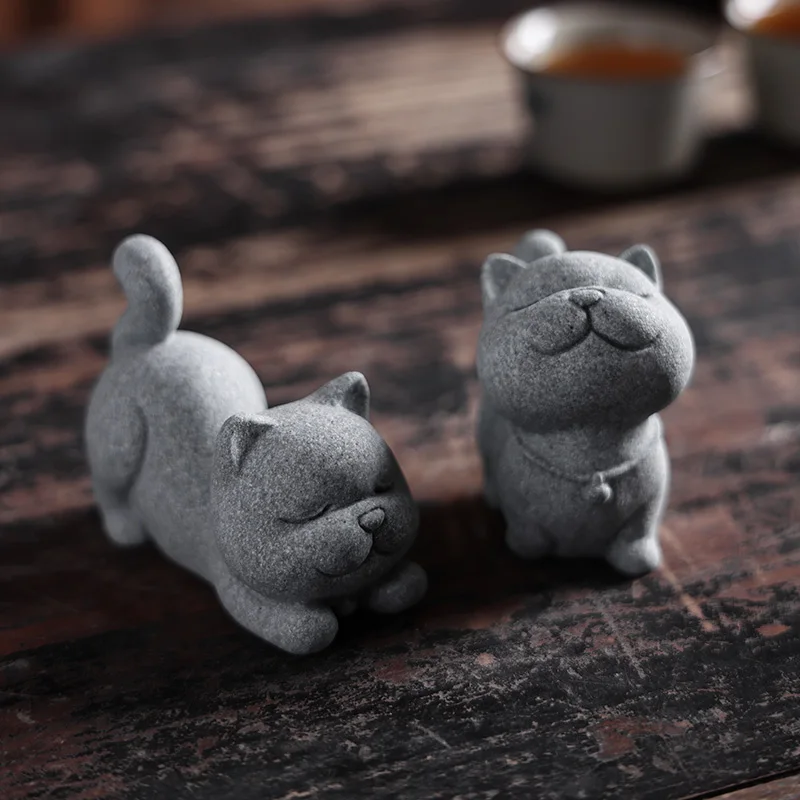 Blue Sand Stone Cute Cat Tea Pet Simple Household Table Animal Decoration Fish Tank Pot Landscape Decoration Can Raise Tea Pets