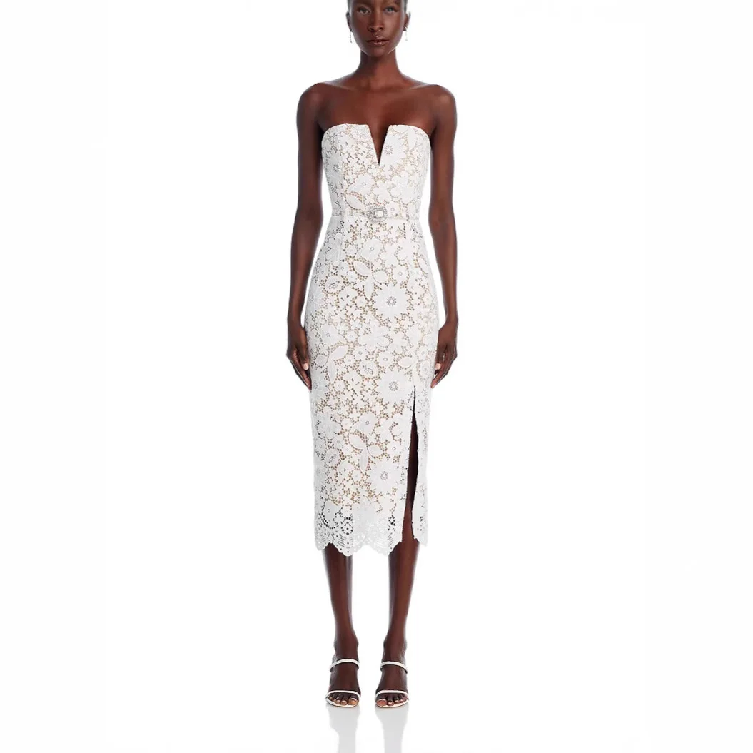 

White lace dress European and American elastic sexy tube top slit dress elegant dresses party sexy temperament elegant high-