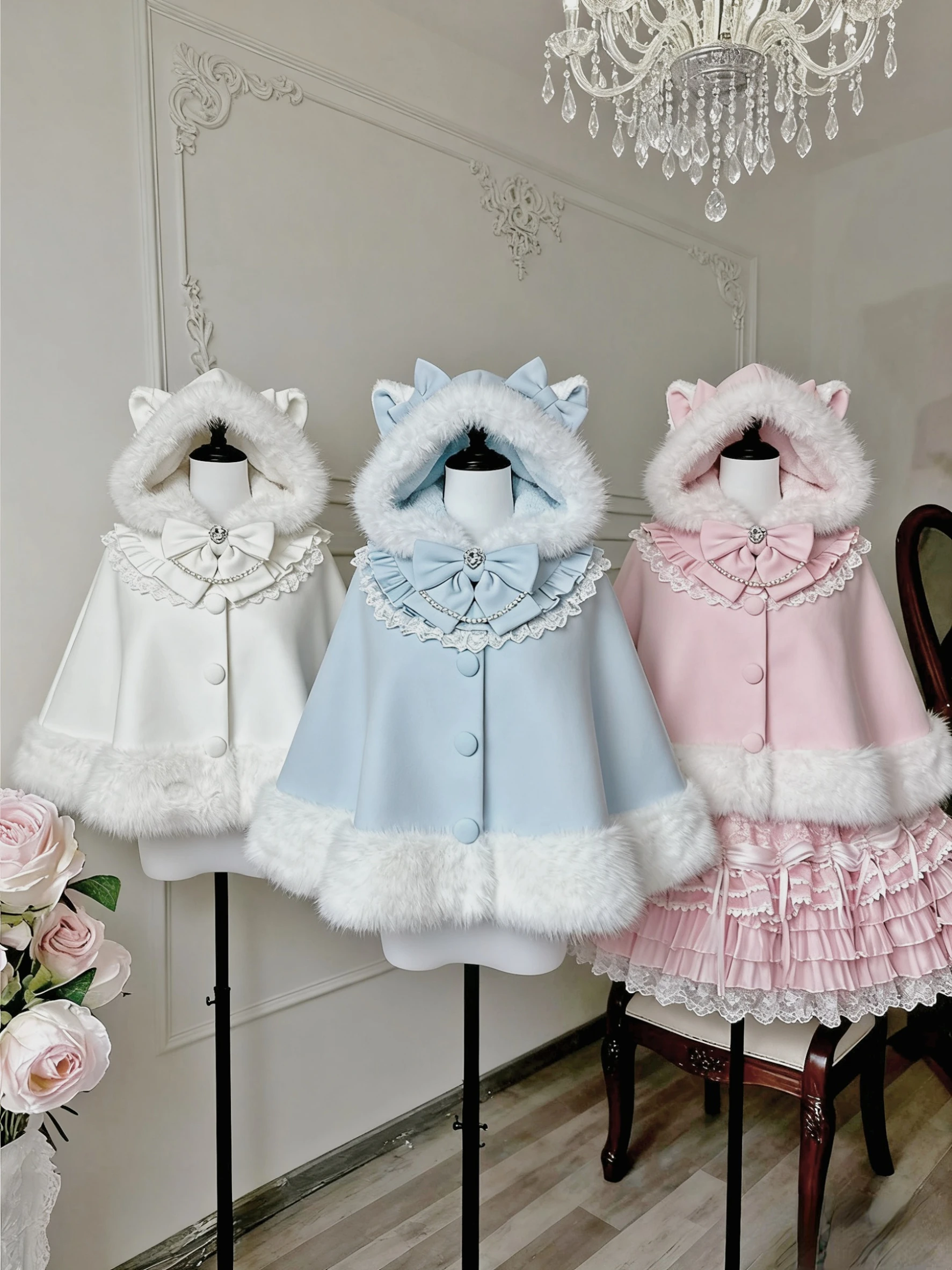

2025 Winter Japanese Lolita Cloak Overcoat Women Design Bow Lace Hooded Kawaii Coat Female Warm Chic Sweet Faux Fur Collar Coat
